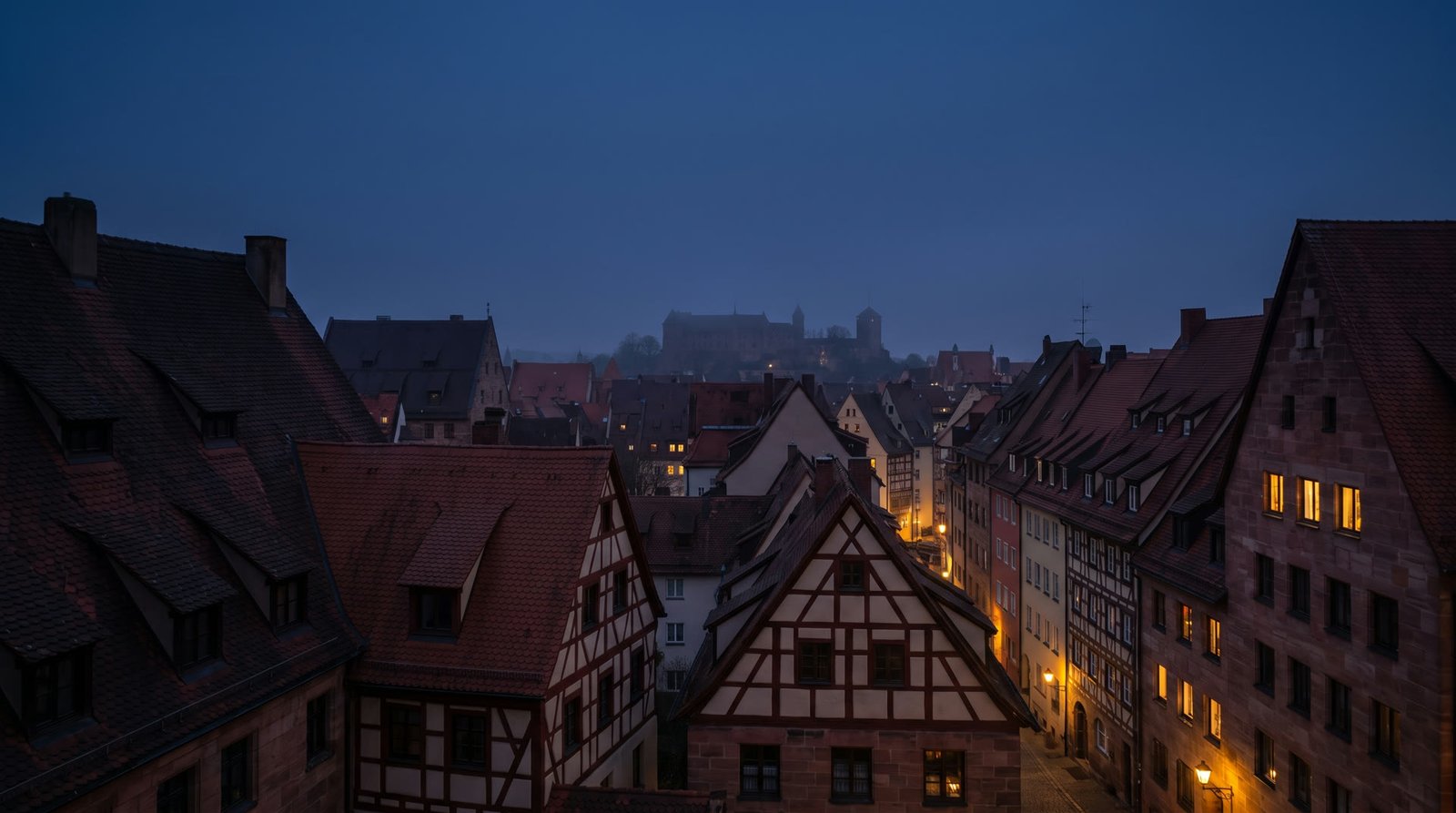 Dächer und Fachwerkhäuser der Nürnberger Altstadt zur blauen Stunde
