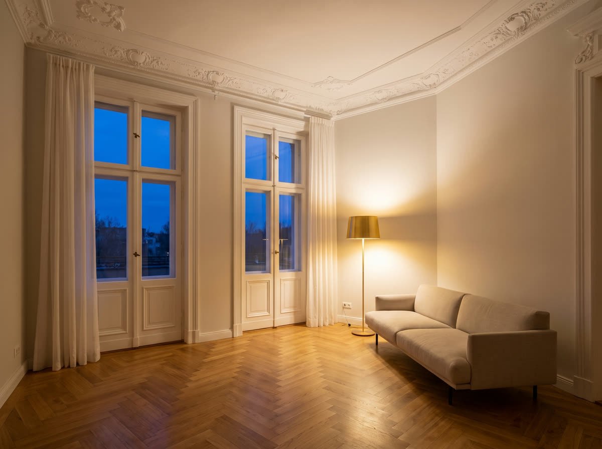 Wohnzimmer einer Altbauwohnung mit Stuckdecke, Fischgrätparkett und hohen Fenstern