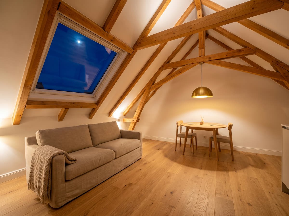 Dachgeschosswohnung mit Holzbalken und Dachfenster