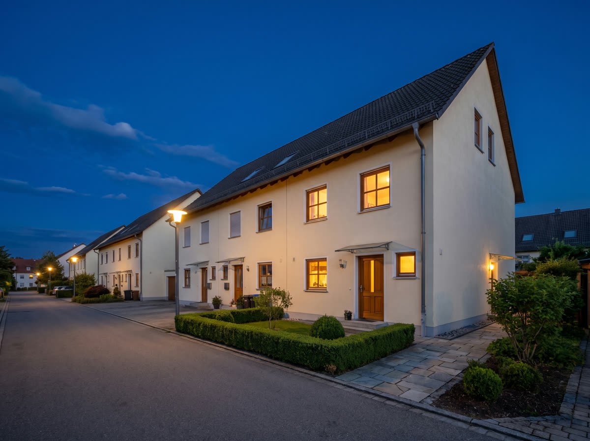 Reihenhaus mit Vorgarten zur blauen Stunde